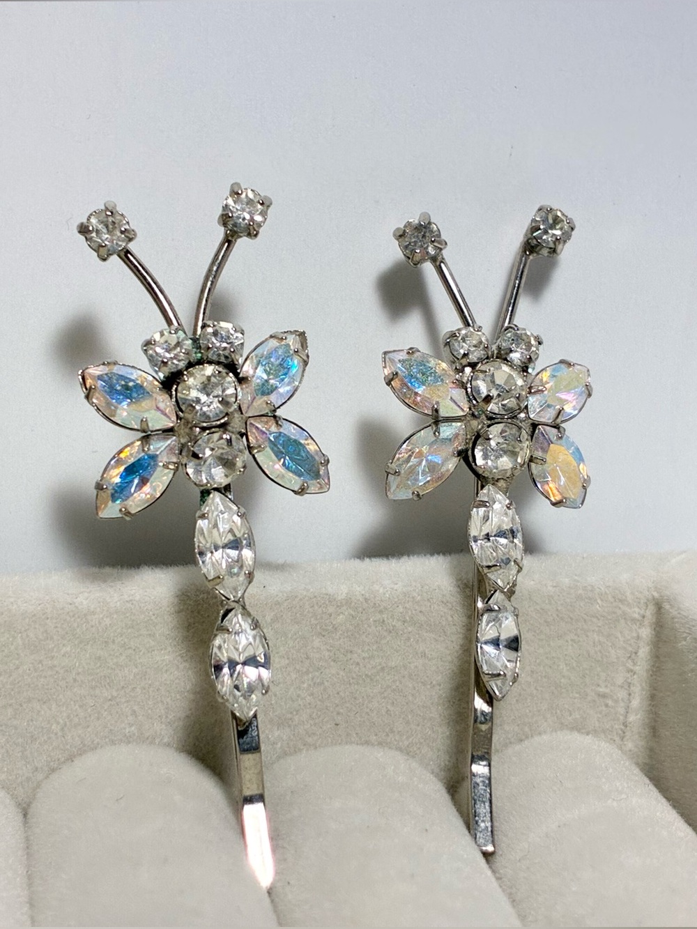 Y2K Butterfly AB Crystal Rhinestone Marquis Silver Tone Bobby Pins Hair Pin Pair